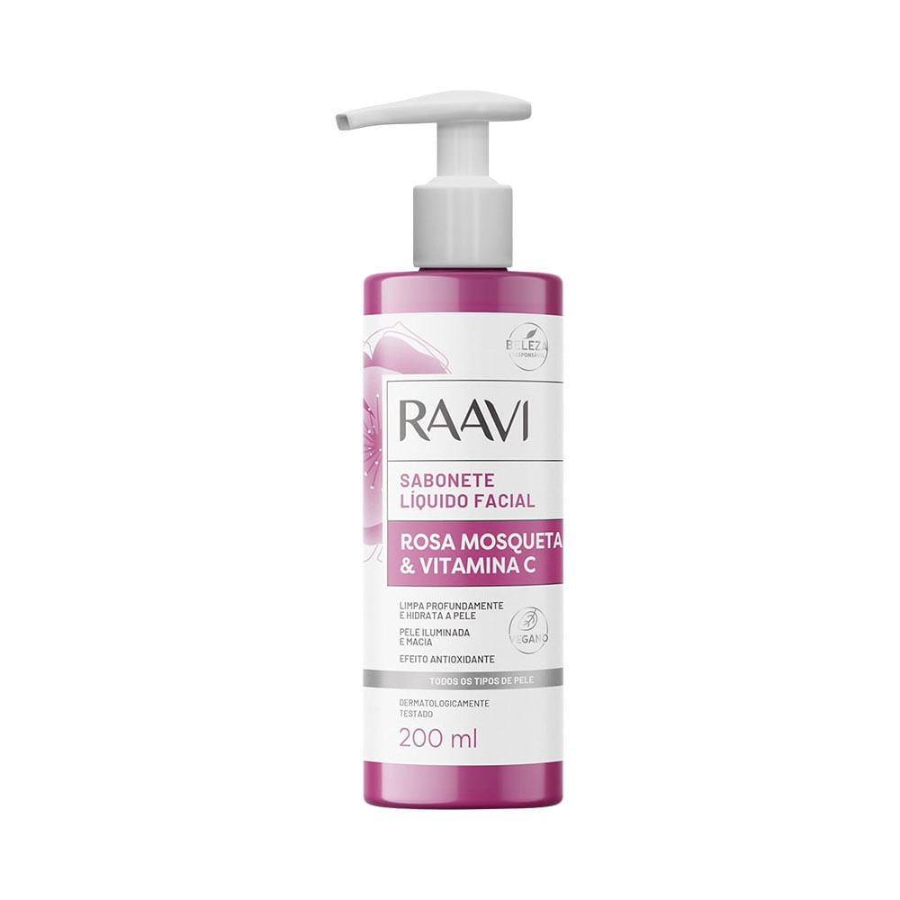 Frasco frontal do Sabonete Líquido Facial Raavi Rosa Mosqueta e Vitamina C 200ml.